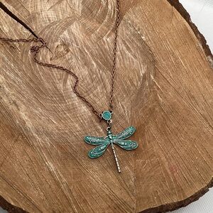 Elegant Dragonfly Necklace Green and Bronze 20”
